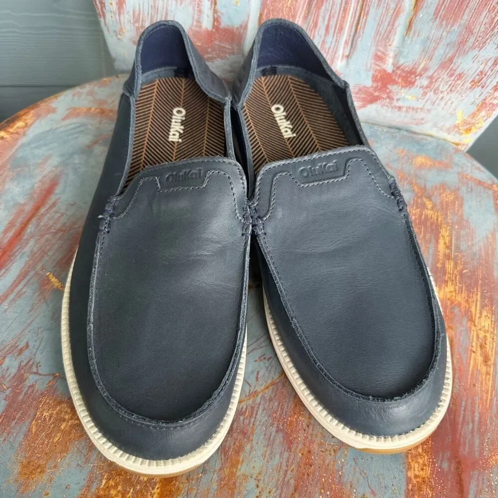 OluKai Kākaha Nia Men's Leather Slip On Loafers Mood Indigo Blue Size 13